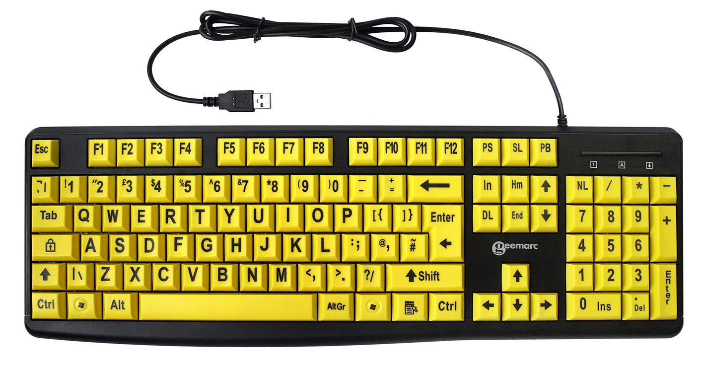 Geemarc Wired Alphanumeric Keyboard with Large Black Lettering and Yellow Keys - High Colour Contrast for People with Low Vision - Compatible with Windows XP, Vista, 7, 8, 10 - UK Version